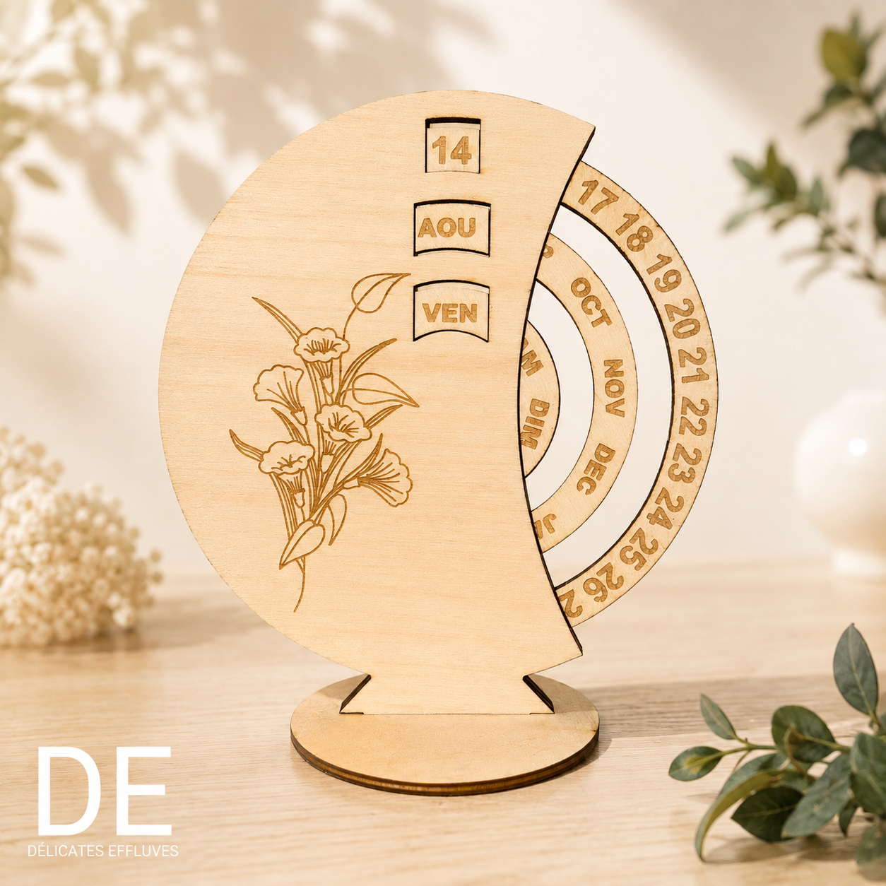 Calendrier perpétuel en bois avec fleur de liseron gravée