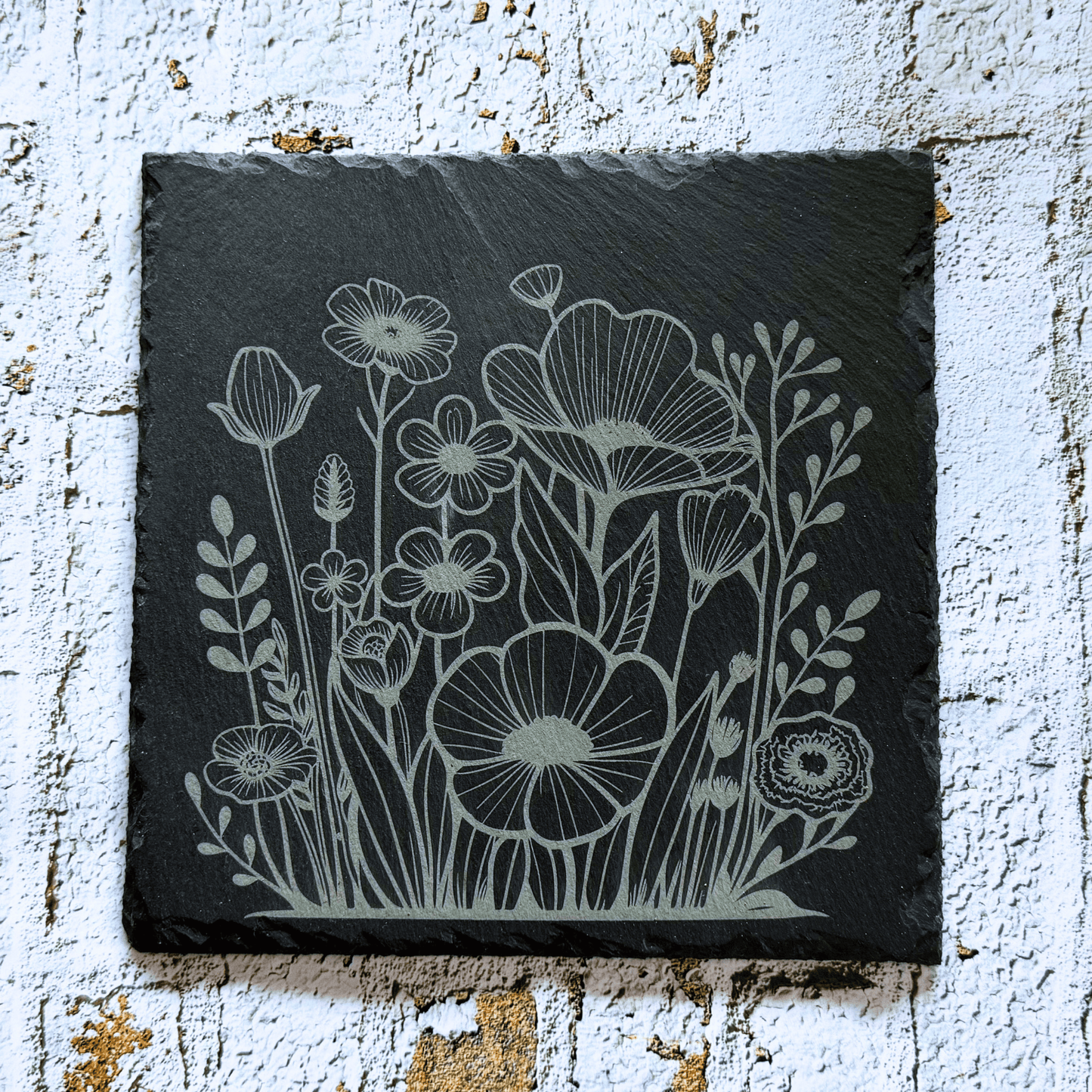 Dessous de plat 20 x 20 en ardoise - Bouquet fleuri