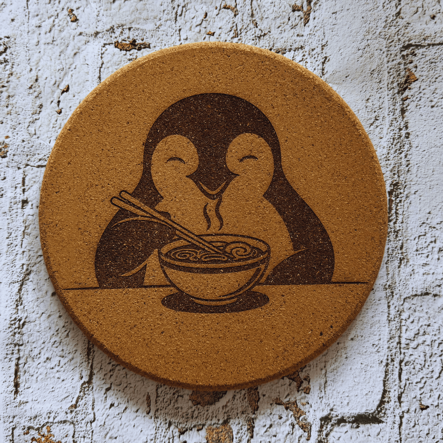 Dessous de plat Ø 19 cm en liège - Pingouin et nouilles