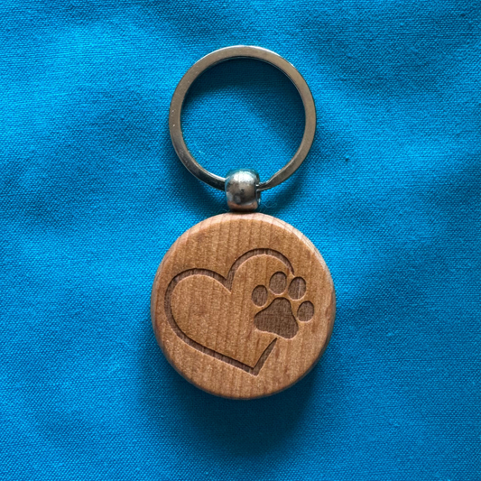 Porte clé bois - Coeur et patte de chien