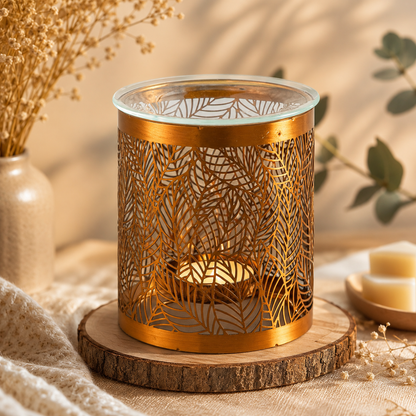 Brûle-parfum Leaves doré avec motif feuillage et coupelle en verre – Délicates Effluves