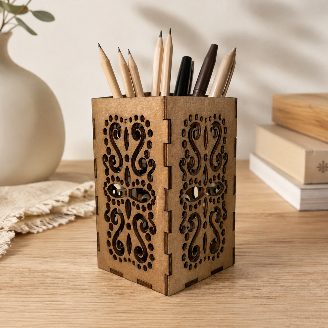 Pot à crayons en bois Arabesque avec motifs géométriques ajourés découpés au laser 