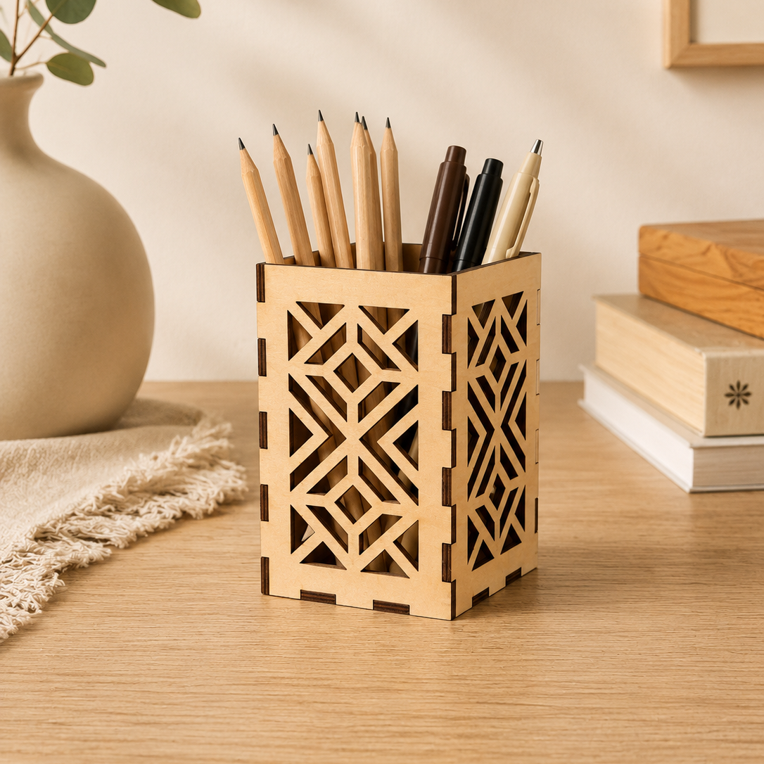 Pot à crayons en bois Mosaïque avec motif géométrique ajouré découpé au laser
